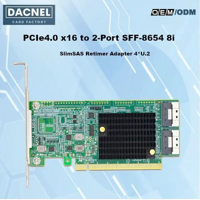 Alt view image 2 of 7 - PCIe4.0 x16 to 2-Port SlimSAS SFF-8654 8i Retimer Adapter