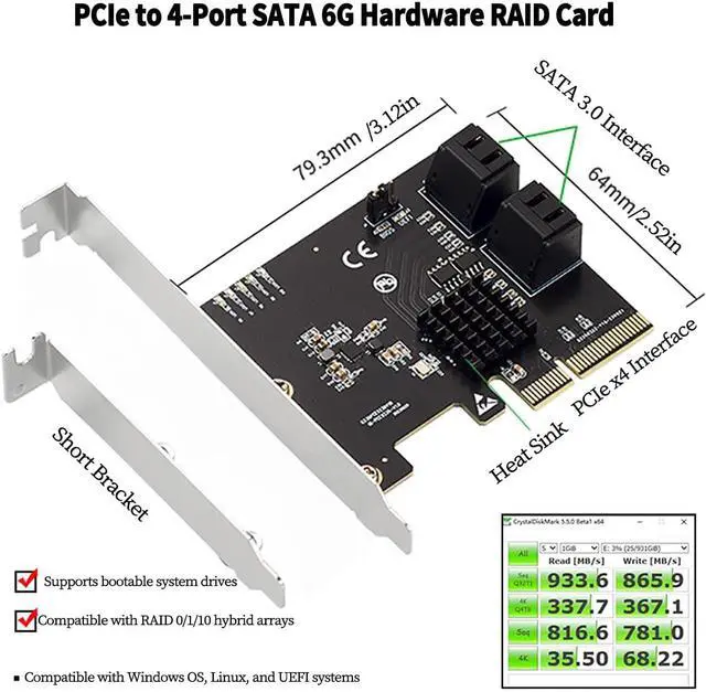 Alt view image 2 of 7 - PCIe X4 to 4-Port SATA 6Gbps RAID Controller Card, 9236 Chip SATA3.0 Expansion Adapter Supports RAID 0/1/10 4 SATA III Hard Drive PCI Express Card