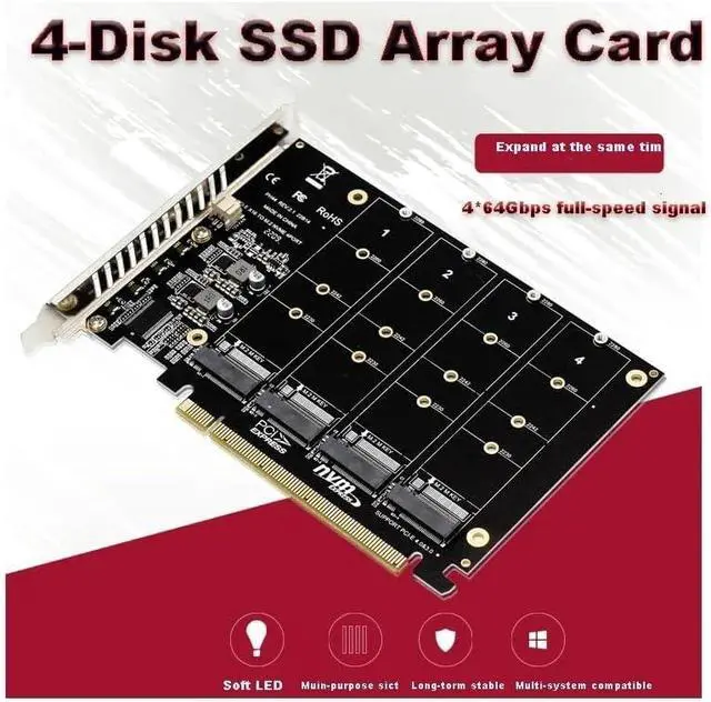 Alt view image 2 of 6 - Four-Channel M.2 NVME PCIE 3.0 4.0 Transmission Protocol Expansion Card 4x32Gbps PCIE RAID Support 2230 2242 2260 228