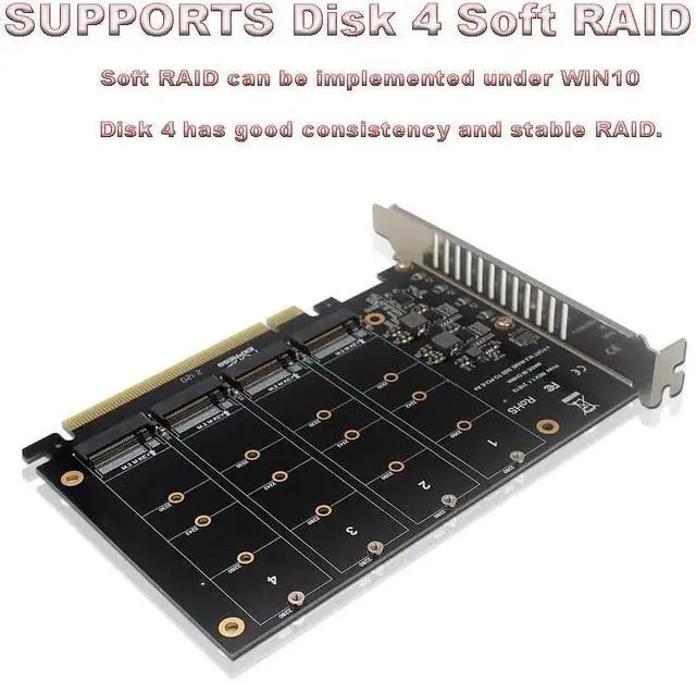Alt view image 3 of 6 - Four-Channel M.2 NVME PCIE 3.0 4.0 Transmission Protocol Expansion Card 4x32Gbps PCIE RAID Support 2230 2242 2260 228