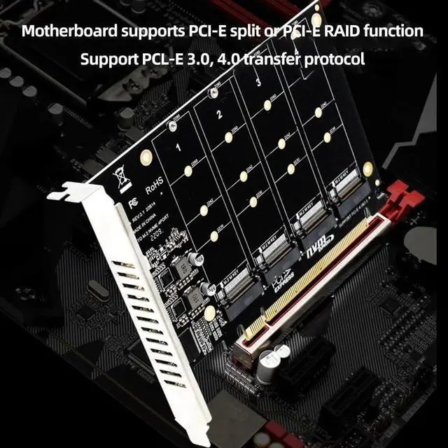 Alt view image 4 of 6 - Four-Channel M.2 NVME PCIE 3.0 4.0 Transmission Protocol Expansion Card 4x32Gbps PCIE RAID Support 2230 2242 2260 228