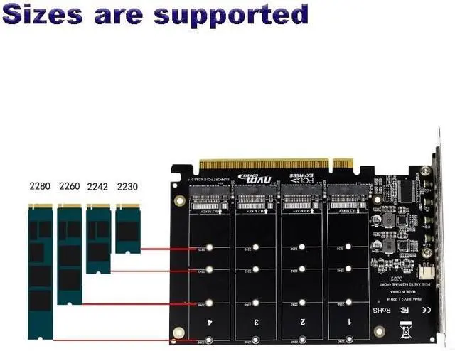 Alt view image 5 of 6 - Four-Channel M.2 NVME PCIE 3.0 4.0 Transmission Protocol Expansion Card 4x32Gbps PCIE RAID Support 2230 2242 2260 228