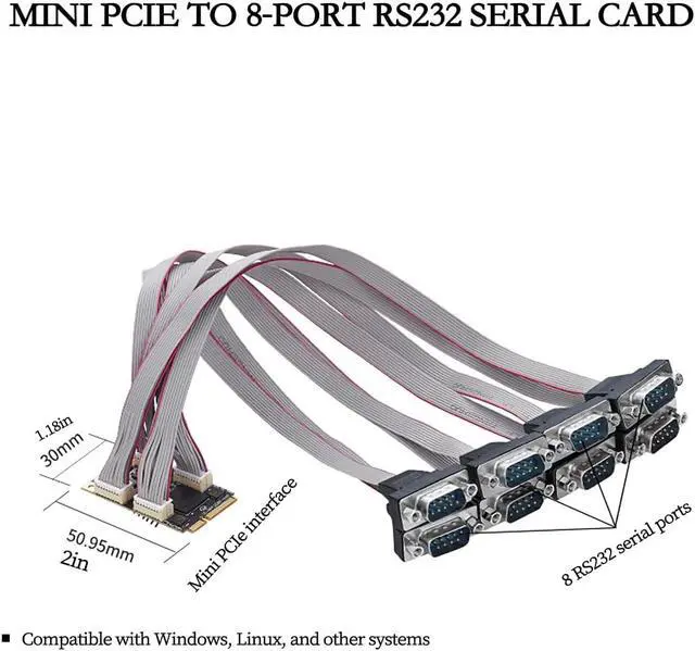 Alt view image 2 of 7 - Mini PCIe to 8-Port RS232 Serial Card Industrial COM Port Expansion Adapter with 8 DB9 Outputs, 15KV ESD Protection, Wide Temperature Range -40°C~85°C, Compatible with Windows/Linux Systems