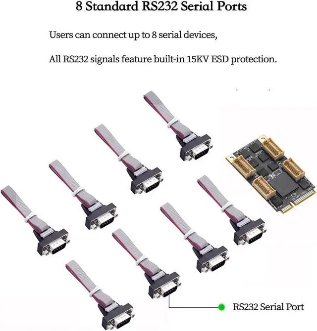 Alt view image 3 of 7 - Mini PCIe to 8-Port RS232 Serial Card Industrial COM Port Expansion Adapter with 8 DB9 Outputs, 15KV ESD Protection, Wide Temperature Range -40°C~85°C, Compatible with Windows/Linux Systems