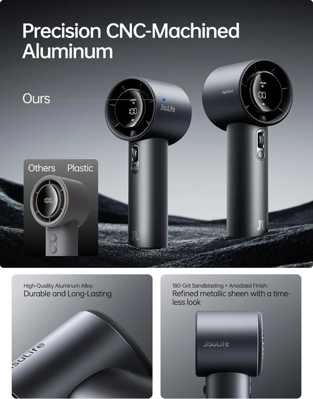 Alt view image 2 of 7 - JISULIFE Handheld Fan Pro1S - Next-Gen Airflow: Up to 40h Runtime, Metal Body - Enduring Quality, 1-100 Speed Scroll Wheel, 5000mAh-Portable Fan for Travel, Gifts for Women Men(Starry Grey)