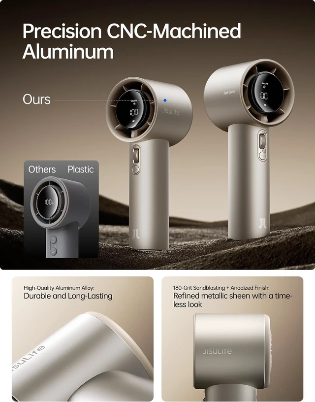 Alt view image 2 of 7 - JISULIFE Handheld Fan Pro1S - Next-Gen Airflow: Up to 40h Runtime, Metal Body - Enduring Quality, 1-100 Speed Scroll Wheel, 5000mAh-Portable Fan for Travel, Gifts for Women Men(Amber Gold)