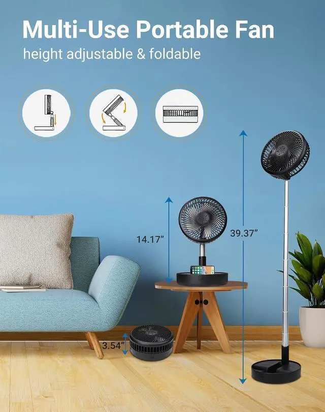 Alt view image 3 of 7 - Primevolve Battery Operated Fan,Portable Rechargeable USB Floor Table Desk Fan with Adjustable Height, 4 Speed Settings Pedestal Fan for Bedroom Camping Travel,Black 7.7"