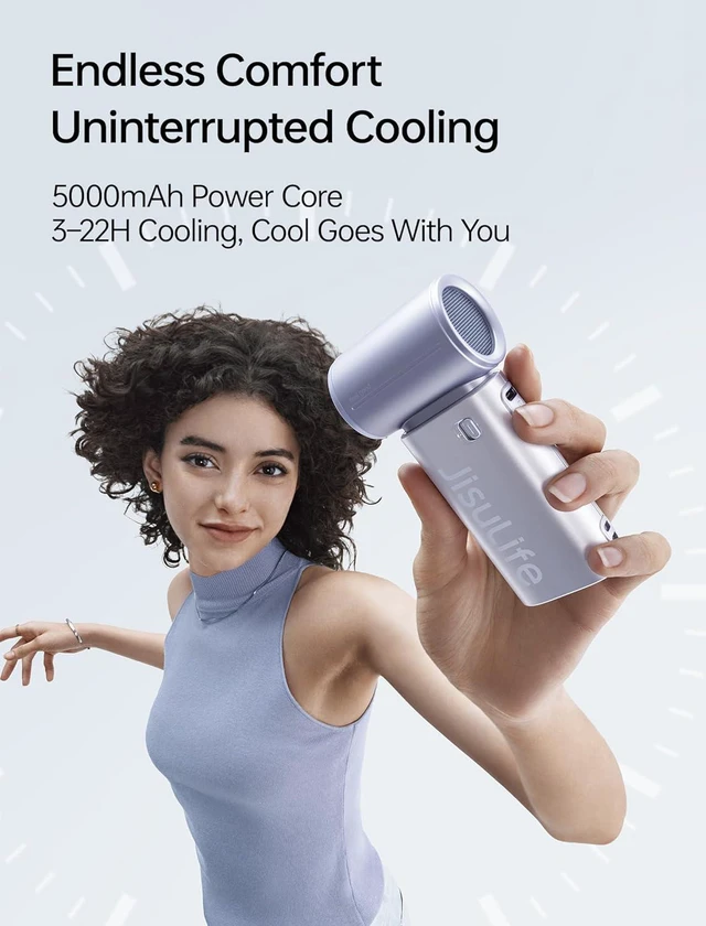 Alt view image 3 of 7 - JISULIFE Mini Handheld Fan Life9S - Sleek Chrome: Turbo Power, 22 Hours Cooling, LED Display, 5000mAh, 5-Speed, Small Portable Fan for Travel, Cruise, Concerts, Trendy Gifts for Women Men-Blue