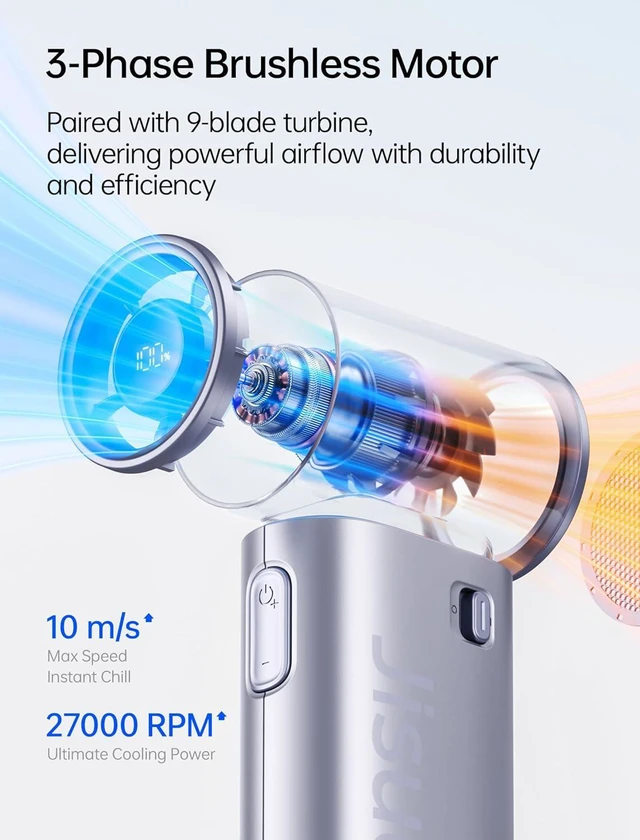 Alt view image 6 of 7 - JISULIFE Mini Handheld Fan Life9S - Sleek Chrome: Turbo Power, 22 Hours Cooling, LED Display, 5000mAh, 5-Speed, Small Portable Fan for Travel, Cruise, Concerts, Trendy Gifts for Women Men-Blue