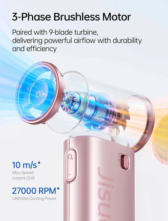 Alt view image 6 of 7 - JISULIFE Mini Handheld Fan Life9S - Sleek Chrome: Turbo Power, 22 Hours Cooling, LED Display, 5000mAh, 5-Speed, Small Portable Fan for Travel, Cruise, Concerts, Trendy Gifts for Women Men - Pink