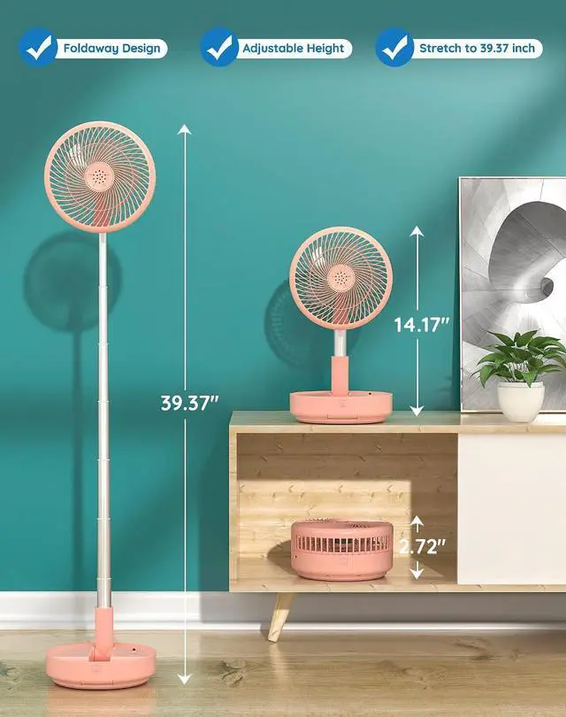 Alt view image 2 of 7 - Primevolve Portable Oscillating Standing Fan, USB Rechargeable Battery Operated Desk Fan with Remote Control, Camping Travel Fans, Pink, 7.7 Inch