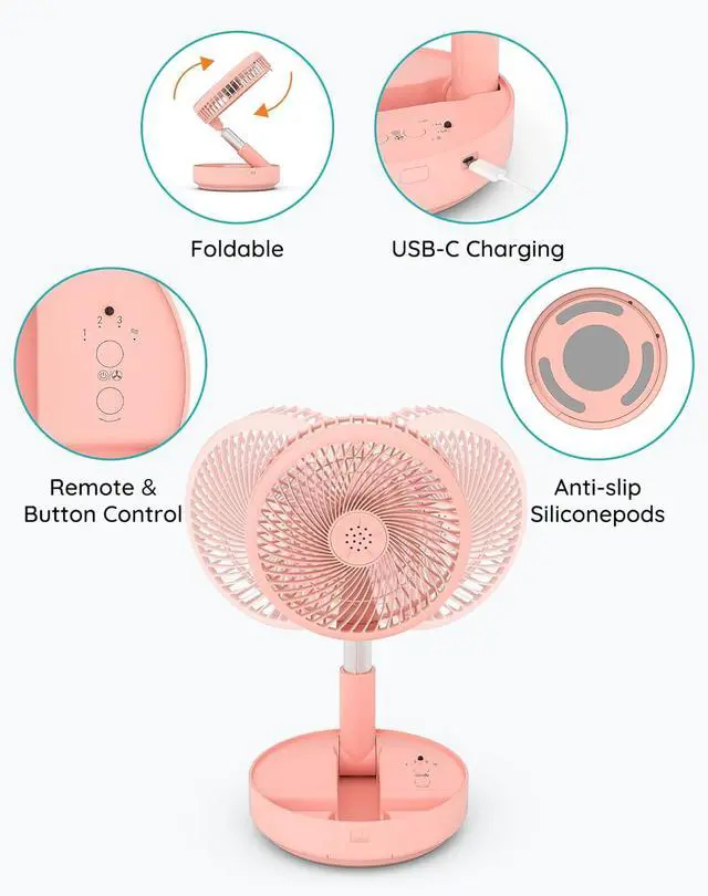 Alt view image 5 of 7 - Primevolve Portable Oscillating Standing Fan, USB Rechargeable Battery Operated Desk Fan with Remote Control, Camping Travel Fans, Pink, 7.7 Inch