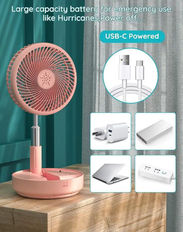 Alt view image 6 of 7 - Primevolve Portable Oscillating Standing Fan, USB Rechargeable Battery Operated Desk Fan with Remote Control, Camping Travel Fans, Pink, 7.7 Inch