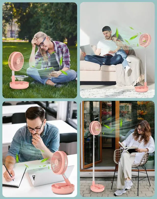 Alt view image 7 of 7 - Primevolve Portable Oscillating Standing Fan, USB Rechargeable Battery Operated Desk Fan with Remote Control, Camping Travel Fans, Pink, 7.7 Inch