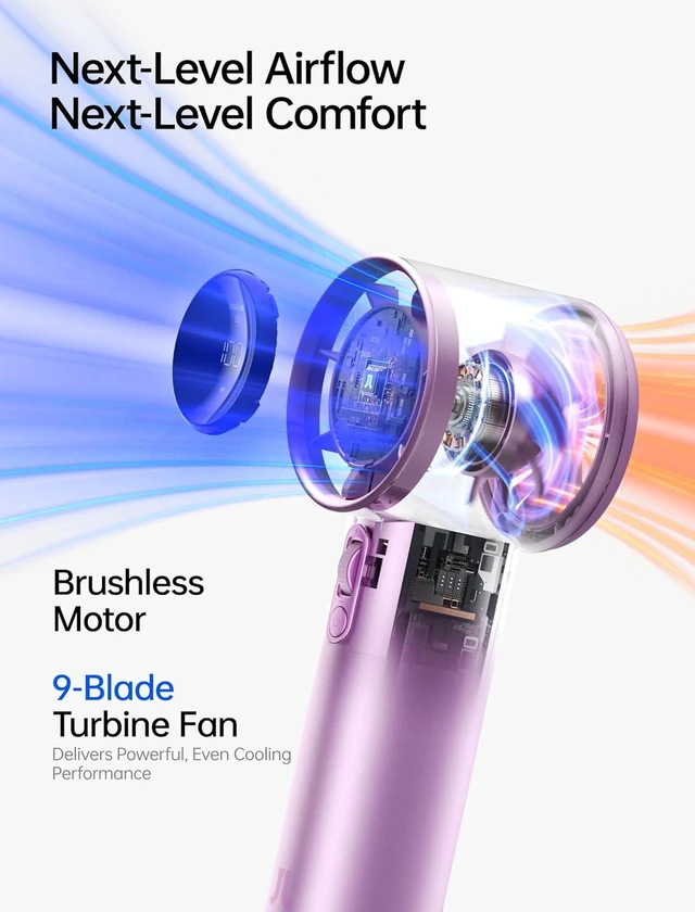 Alt view image 3 of 7 - JISULIFE Handheld Fan Pro1S - Next-Gen Airflow: Up to 40h Runtime, Electroplated Body - Luxury Shine, 1-100 Speed Scroll Wheel, 5000mAh-Portable Fan for Travel, Gifts for Women Men(Chrome Purple)
