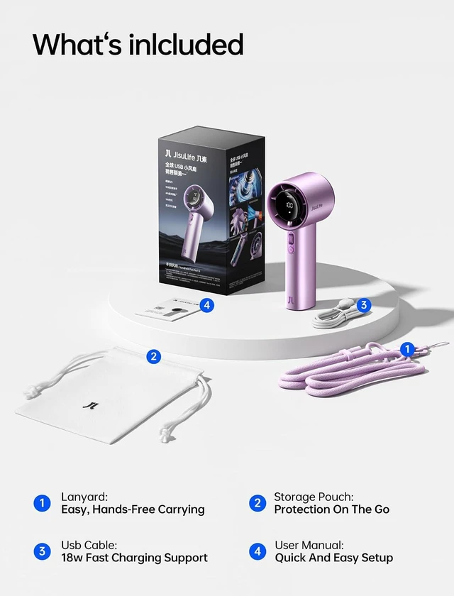 Alt view image 7 of 7 - JISULIFE Handheld Fan Pro1S - Next-Gen Airflow: Up to 40h Runtime, Electroplated Body - Luxury Shine, 1-100 Speed Scroll Wheel, 5000mAh-Portable Fan for Travel, Gifts for Women Men(Chrome Purple)