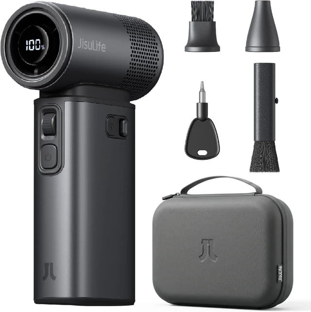 Main image of JISULIFE Portable Handheld Fan Ultra2 9000mAh, 5 IN 1, Up to 25Hrs, 100 Speed Turbo Fan, 18W Power Bank, Flashlight, Metal Shell, Travel Essentials Gifts for Men with Splash Proof Portable Case-Grey