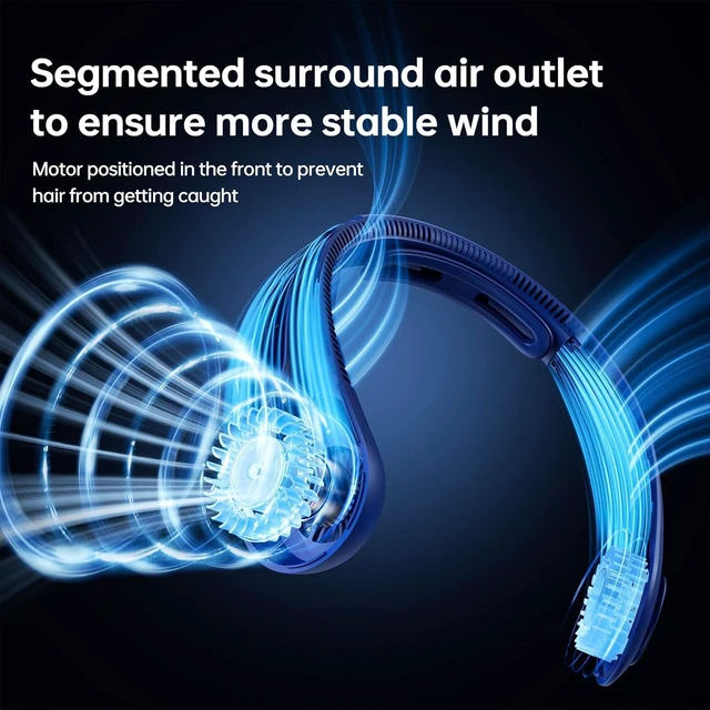 Alt view image 3 of 7 - JISULIFE Portable Neck Fan Upgraded, Neckbrace Personal Hands Free, 5 Speed Gears Adjustment, 6000 mAh Wearable Bladeless Quiet Rechargeable for Outdoor Indoor, Gifts for Women Men- Dark Blue