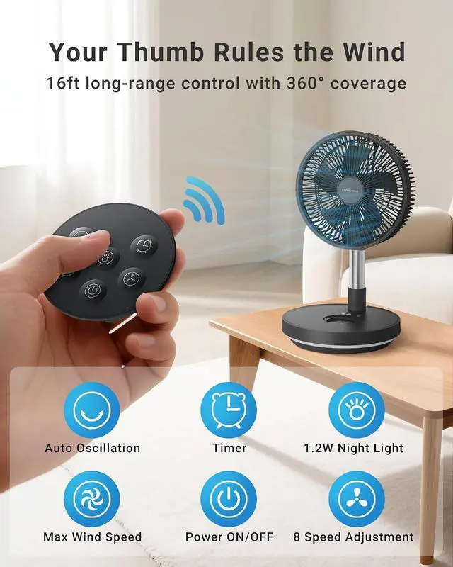 Alt view image 2 of 7 - Primevolve Portable Rechargeable Oscillating Fan, Battery Operated Fan Adjustable Height, USB Home Office Outdoor Camping Travel, Dark Gray 10"
