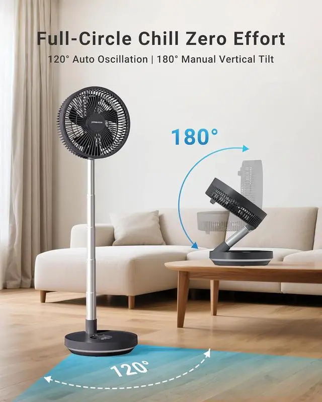Alt view image 4 of 7 - Primevolve Portable Rechargeable Oscillating Fan, Battery Operated Fan Adjustable Height, USB Home Office Outdoor Camping Travel, Dark Gray 10"