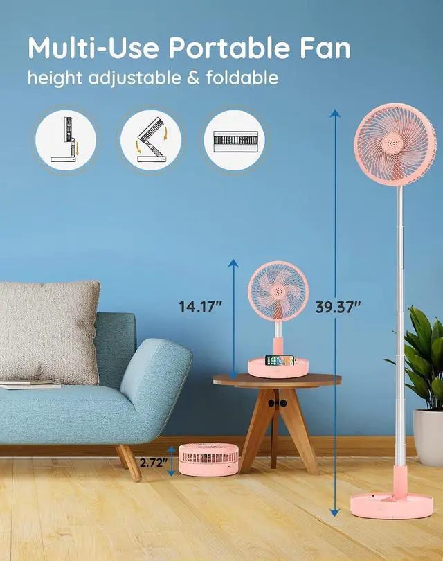 Alt view image 2 of 7 - Primevolve Battery Operated Fan,Portable Rechargeable USB Floor Table Desk Fan, Pedestal Fan for Camping Travel, Pink 7.7"