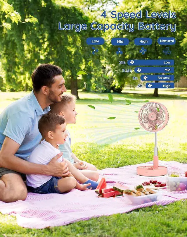 Alt view image 4 of 7 - Primevolve Battery Operated Fan,Portable Rechargeable USB Floor Table Desk Fan, Pedestal Fan for Camping Travel, Pink 7.7"