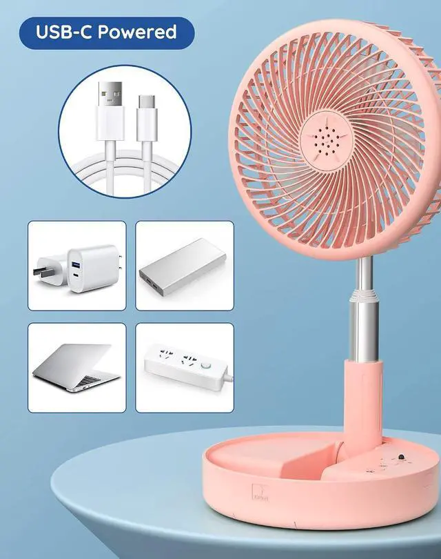 Alt view image 6 of 7 - Primevolve Battery Operated Fan,Portable Rechargeable USB Floor Table Desk Fan, Pedestal Fan for Camping Travel, Pink 7.7"