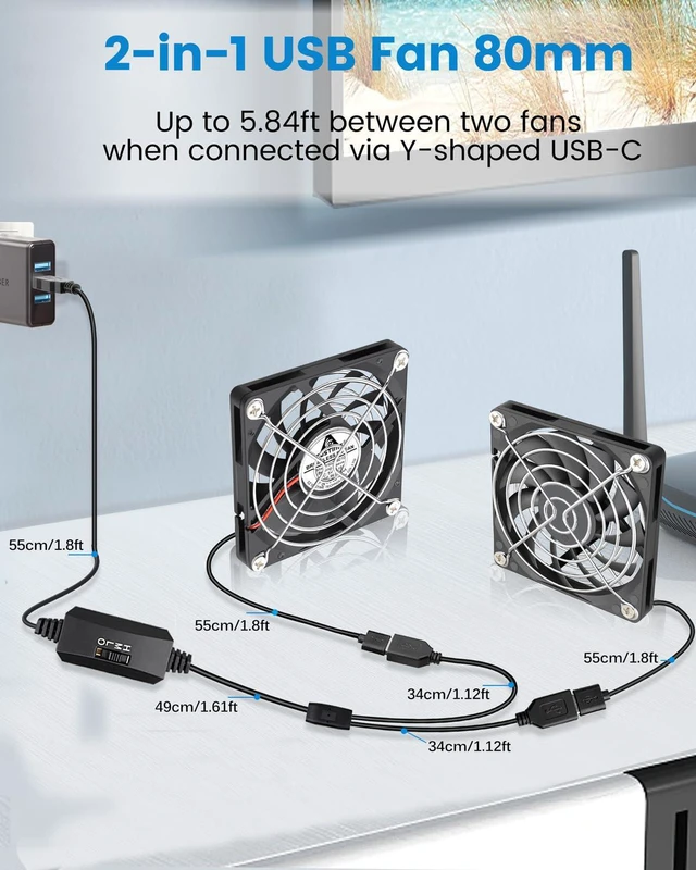 Alt view image 2 of 7 - GDSTIME Dual USB Fan 80mm x 10mm, 5V Powered L/M/H 3 Speeds Control
