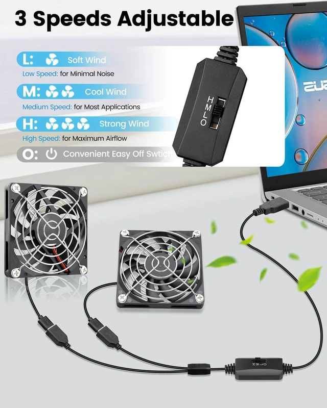 Alt view image 3 of 7 - GDSTIME Dual USB Fan 80mm x 10mm, 5V Powered L/M/H 3 Speeds Control