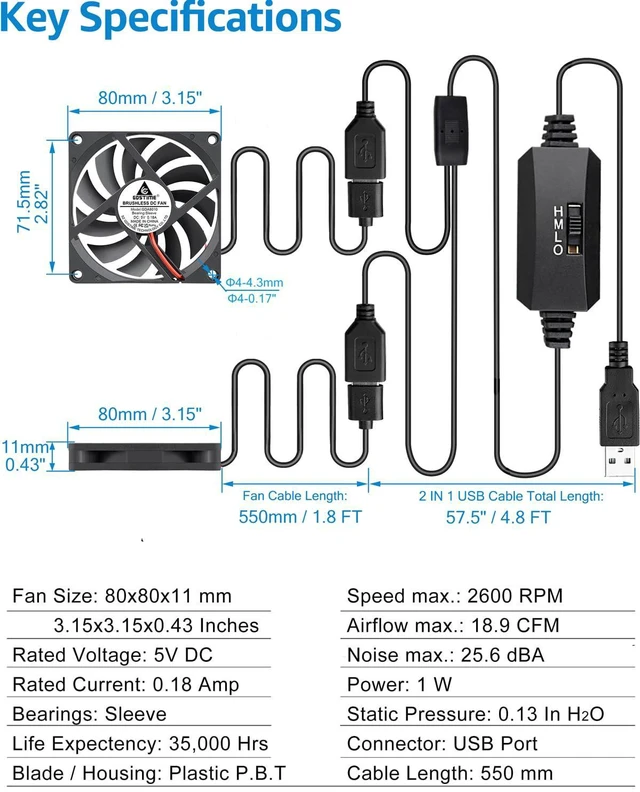 Alt view image 5 of 7 - GDSTIME Dual USB Fan 80mm x 10mm, 5V Powered L/M/H 3 Speeds Control