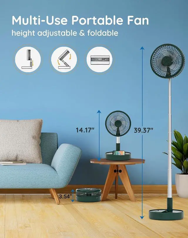 Alt view image 2 of 7 - Primevolve Battery Operated Fan,Portable Rechargeable USB Floor Table Desk Fan, Pedestal Fan for Camping Travel, Green 7.7"