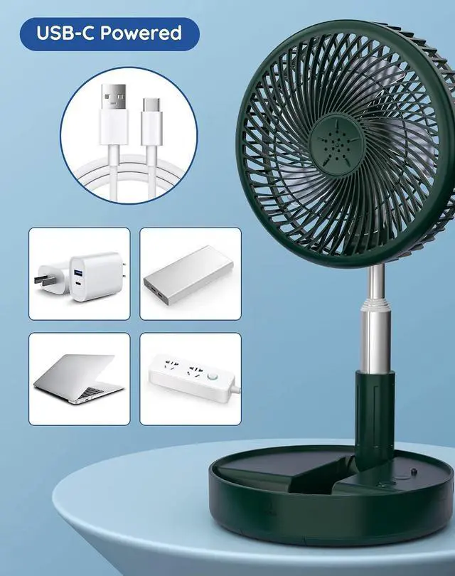 Alt view image 6 of 7 - Primevolve Battery Operated Fan,Portable Rechargeable USB Floor Table Desk Fan, Pedestal Fan for Camping Travel, Green 7.7"