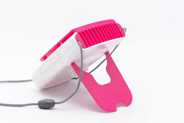 Alt view image 3 of 7 - O2COOL Deluxe Necklace Fan | Battery Powered, Hands-Free Personal Cooling Fan w/Adjustable Lanyard, Table Top Stand + Wearable Clip -Pink (2 Pack)