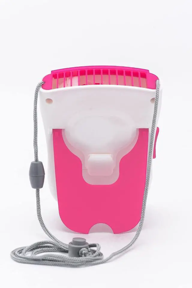 Alt view image 4 of 7 - O2COOL Deluxe Necklace Fan | Battery Powered, Hands-Free Personal Cooling Fan w/Adjustable Lanyard, Table Top Stand + Wearable Clip -Pink (2 Pack)