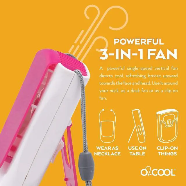 Alt view image 6 of 7 - O2COOL Deluxe Necklace Fan | Battery Powered, Hands-Free Personal Cooling Fan w/Adjustable Lanyard, Table Top Stand + Wearable Clip -Pink (2 Pack)