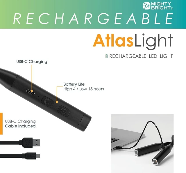 Alt view image 4 of 6 - Mighty Bright Atlas Rechargeable Neck Light, 12 LED, 3 Color Temperatures, USB-C Charging Cable Included (Black)