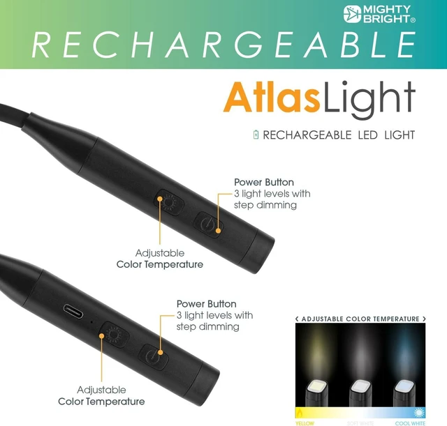 Alt view image 3 of 6 - Mighty Bright Atlas Rechargeable Neck Light, 12 LED, 3 Color Temperatures, USB-C Charging Cable Included (Black)
