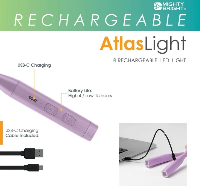 Alt view image 3 of 6 - Mighty Bright Atlas Rechargeable Neck Light, 8 LED, 3 Color Temperatures, USB-C Charging Cable Included (Lavender)