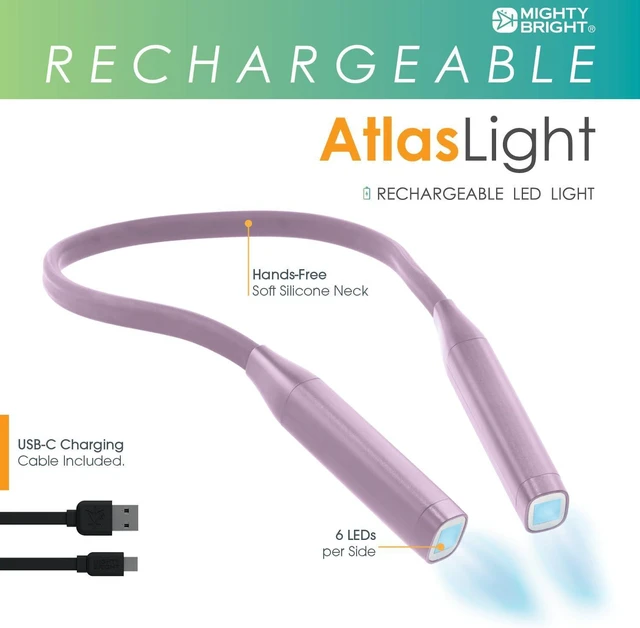 Alt view image 2 of 6 - Mighty Bright Atlas Rechargeable Neck Light, 8 LED, 3 Color Temperatures, USB-C Charging Cable Included (Lavender)