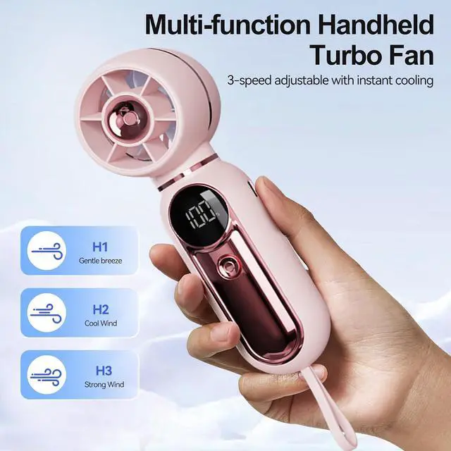 Alt view image 2 of 7 - AWINNER Portable Handheld Turbo Fan, 3 Speed Settings, 5000mAh Battery, Digital Display, 10 Hour Runtime (Pink)