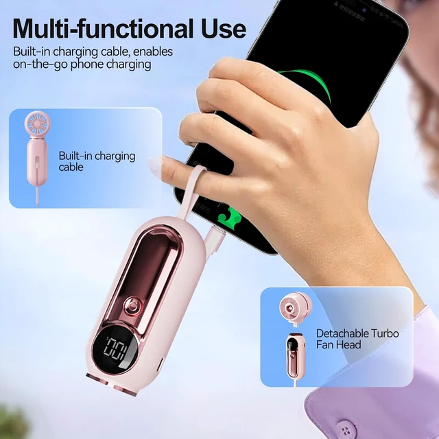 Alt view image 7 of 7 - AWINNER Portable Handheld Turbo Fan, 3 Speed Settings, 5000mAh Battery, Digital Display, 10 Hour Runtime (Pink)