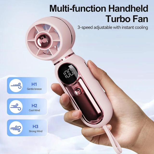 Alt view image 2 of 7 - AWINNER Portable Handheld Turbo Fan, 3 Speed Settings, 5000mAh Battery, Digital Display, 10 Hour Runtime (Pink)
