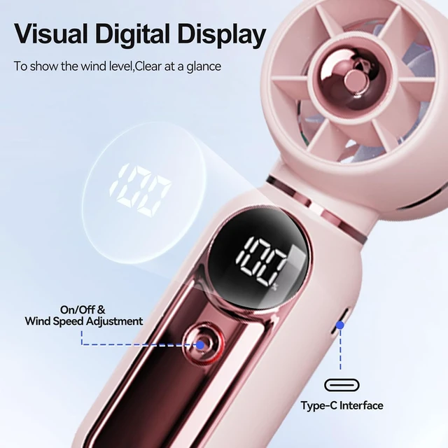 Alt view image 3 of 7 - AWINNER Portable Handheld Turbo Fan, 3 Speed Settings, 5000mAh Battery, Digital Display, 10 Hour Runtime (Pink)