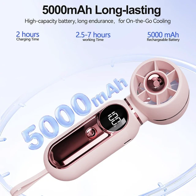 Alt view image 4 of 7 - AWINNER Portable Handheld Turbo Fan, 3 Speed Settings, 5000mAh Battery, Digital Display, 10 Hour Runtime (Pink)