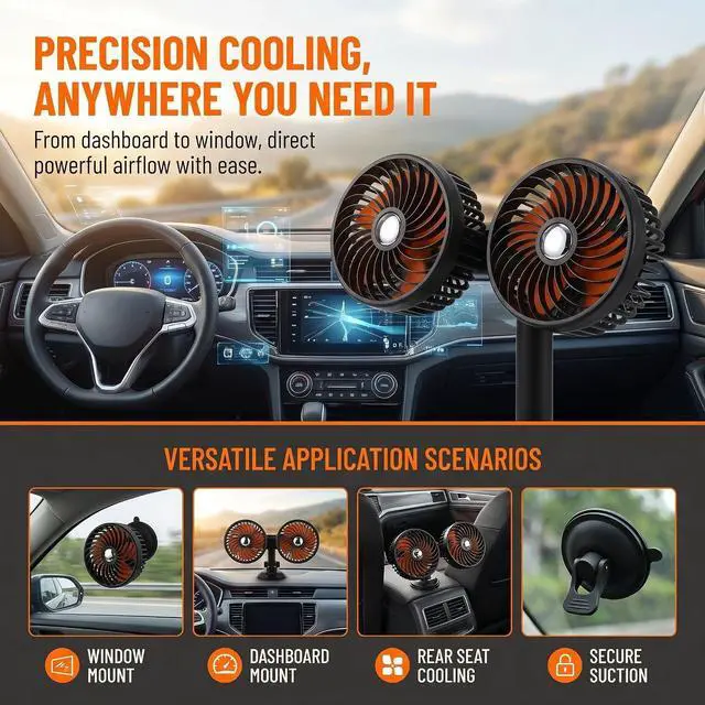 Alt view image 3 of 7 - NUOBESTY Rechargeable Dual-head Car Fan with Suction Cup, 4000mah Battery, 3-speed Adjustable and 360°