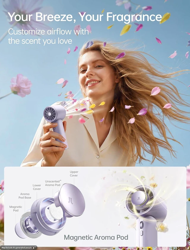 Alt view image 5 of 7 - JISULIFE Handheld Fan - NextGen Cooling: 30H Max Runtime, 100Speed Turbo Air, Premium PU Leather, Aroma Pod Innovation, Portable Fan for Travel, Gifts for Women Men- Misty Purple (Pro1 Mini, 1Pc)