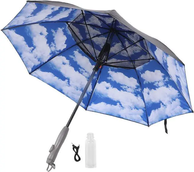 Alt view image 6 of 7 - Estink Spray Fan Sun Umbrella, Type C Rechargeable Electric Fan Umbrella with 8 Bones, UPF 50 Plus Double Layer Canopy, 2600mAh 3 Foldable Blades for Beach Travel
