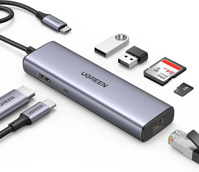 Main image of UGREEN USB-C Hub 7 in 1 4K@60Hz HDMI, 2 USB-A, 1x RJ45 1 Gigabit, 1x SD&TF Card Reader, 100W PD for MacBook Pro, MacBook Air, iPad Pro, Chromebook, and More.