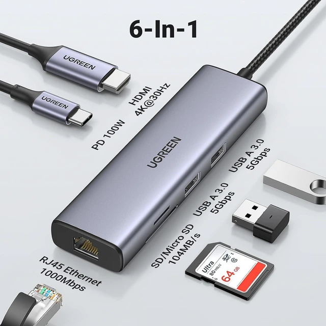 Alt view image 7 of 7 - UGREEN USB-C Hub 7 in 1 4K@60Hz HDMI, 2 USB-A, 1x RJ45 1 Gigabit, 1x SD&TF Card Reader, 100W PD for MacBook Pro, MacBook Air, iPad Pro, Chromebook, and More.