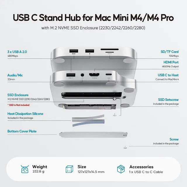 Alt view image 2 of 7 - Mac mini M4 Dock with 4TB M.2 SSD Enclosure (SSD NOT Included), Mac mini M4/ M4 Pro Hub Stand with HDMI 4K@60Hz, 2024 MacMini USB C Hub Accessories, 3 USB A 2.0, SD/TF, 3.5mm Audio